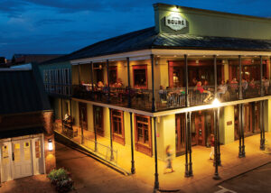 Exterior shot of Square Books at nighttime. Square Books is a beloved bookstore in Oxford, MS.