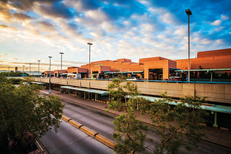 Albuquerque International Sunport interior and exterior shots; In 2014, the airport celebrated 75 years of service. As a medium hub facility, the airport welcomes nearly 5 million passengers per year. Known by the code ABQ, the airport is renowned for its distinct New Mexican architecture, outstanding art collection, and welcoming amenities.