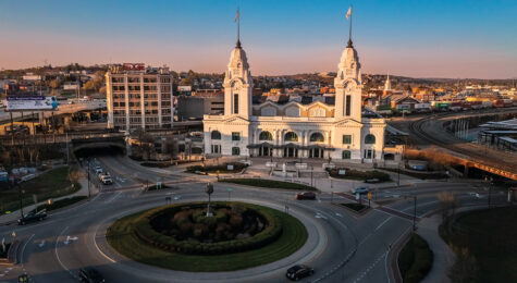 Traffic moves in front of the Union Station in Worcester, MA.