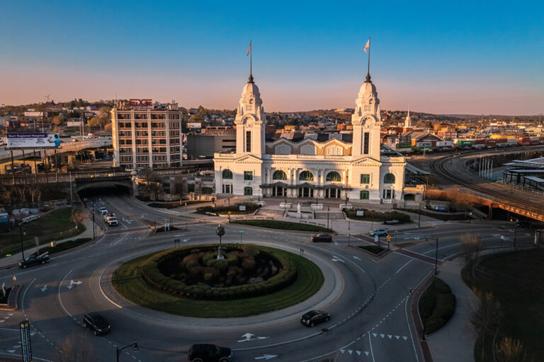 Traffic moves in front of the Union Station in Worcester, MA.