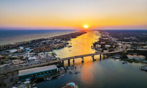 The sun sets over the pristine coastline of Okaloosa County, Florida.