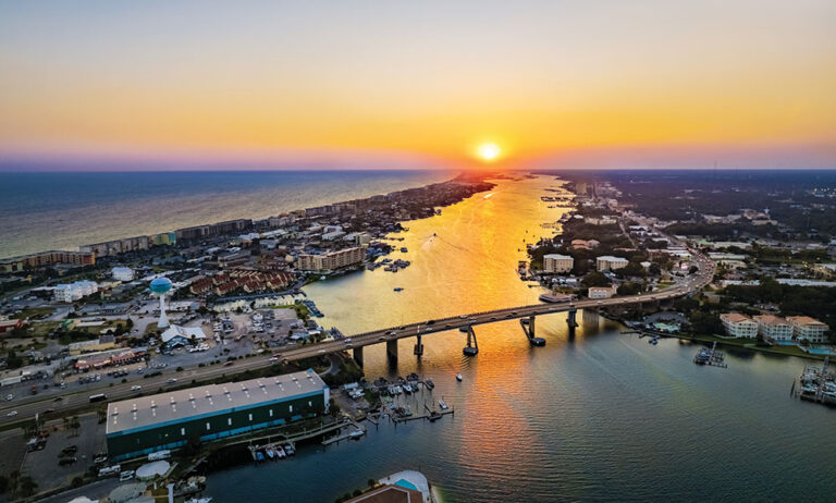 The sun sets over the pristine coastline of Okaloosa County, Florida.