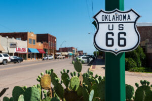 Oklahoma Route 66 Sign along the historic Route 66 in the State of Oklahoma, USA.