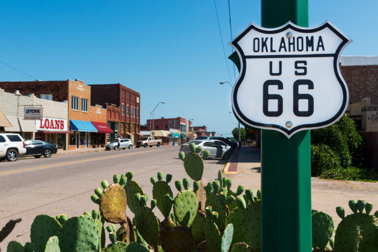 Oklahoma Route 66 Sign along the historic Route 66 in the State of Oklahoma, USA.