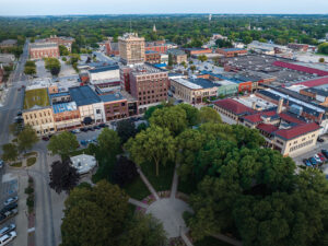 Aerial of downtown Mason City, Iowa