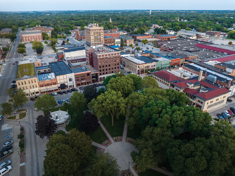 Aerial of downtown Mason City, Iowa