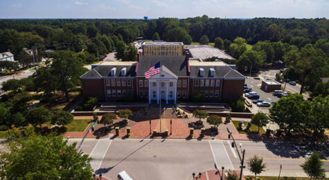 An aerial view of the Cary Arts Center, a hub of arts activity in downtown Cary, NC.