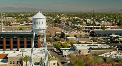 An aerial shot of downtown Gilbert, AZ, a Phoenix suburb named one of the best places to live in the US in 2023.