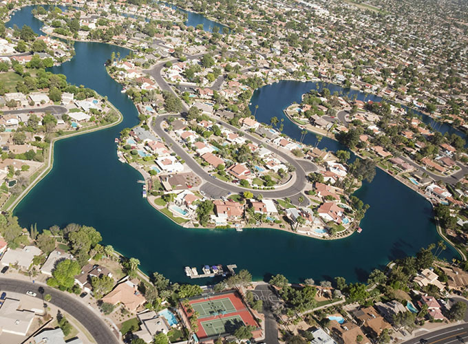 Aerial view of a master planned lake community in Tempe, AZ, one of the best places to live in the U.S. in 2023.