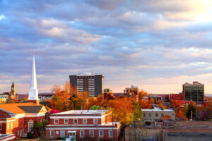 An elevated view of Fayetteville, Arkansas, in the fall.