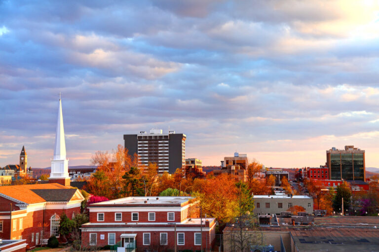 An elevated view of Fayetteville, Arkansas, in the fall.