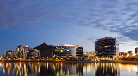 Downtown Tempe, AZ, at twilight.