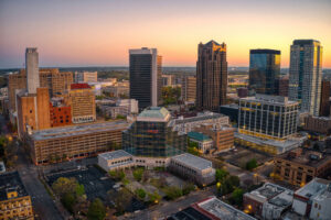 An aerial view of the skyscrapers in Birmingham, Alabama.