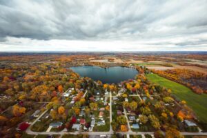 A full panoramic aerial view of the heart-shaped Saugany Lake in Fishers, Indiana.