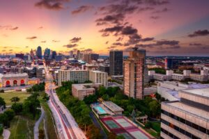 An aerial view of Kansas City, Missouri, at sunset.