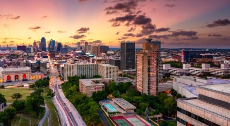 An aerial view of Kansas City, Missouri, at sunset.