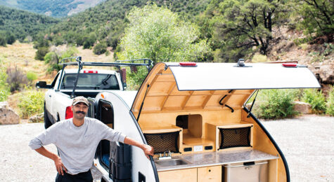 Tom Mitchell, founder of SouthWest Teardrop Co., manufactures a classic-style teardrop camper.