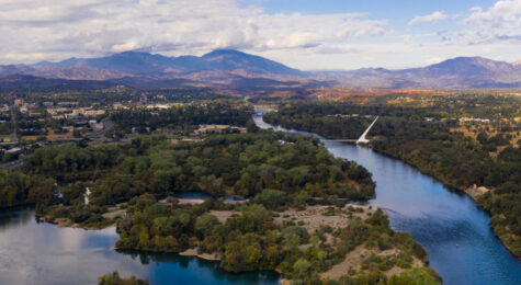 An aerial view of the Sacramento River in Redding, California.