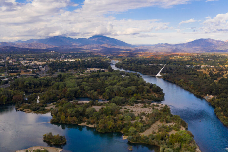 An aerial view of the Sacramento River in Redding, California.