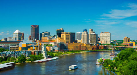 Saint Paul downtown skyline with the Mississippi River in the foreground.