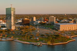 Bord Du Lac Park Park and Downtown Buildings in Lake Charles, Louisiana.