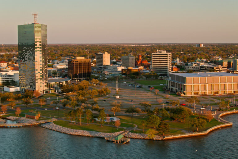 Bord Du Lac Park Park and Downtown Buildings in Lake Charles, Louisiana.
