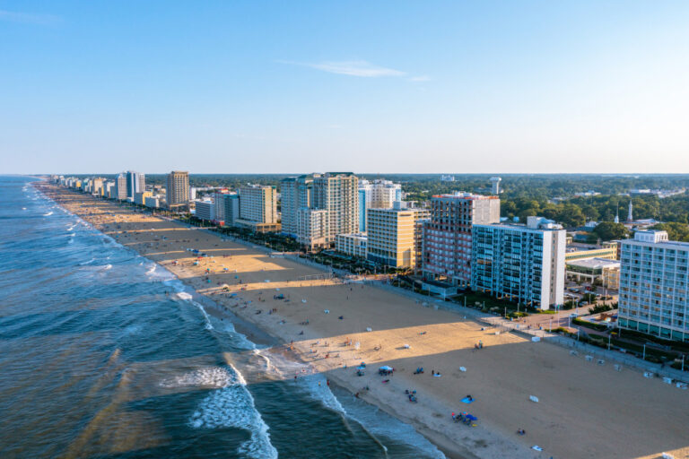 Aerial View of The Virginia Beach Oceanfront as the Sun Sets during Labor Day Weekend.