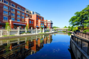 A view of the riverwalk in Naperville, Illinois.